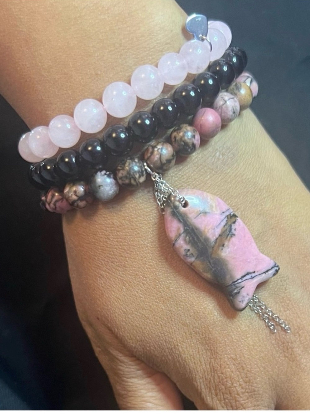 Faith Fish Natural Stone 3 Bracelet Set w Rhodochrosite Fish - Picture 2 of 6